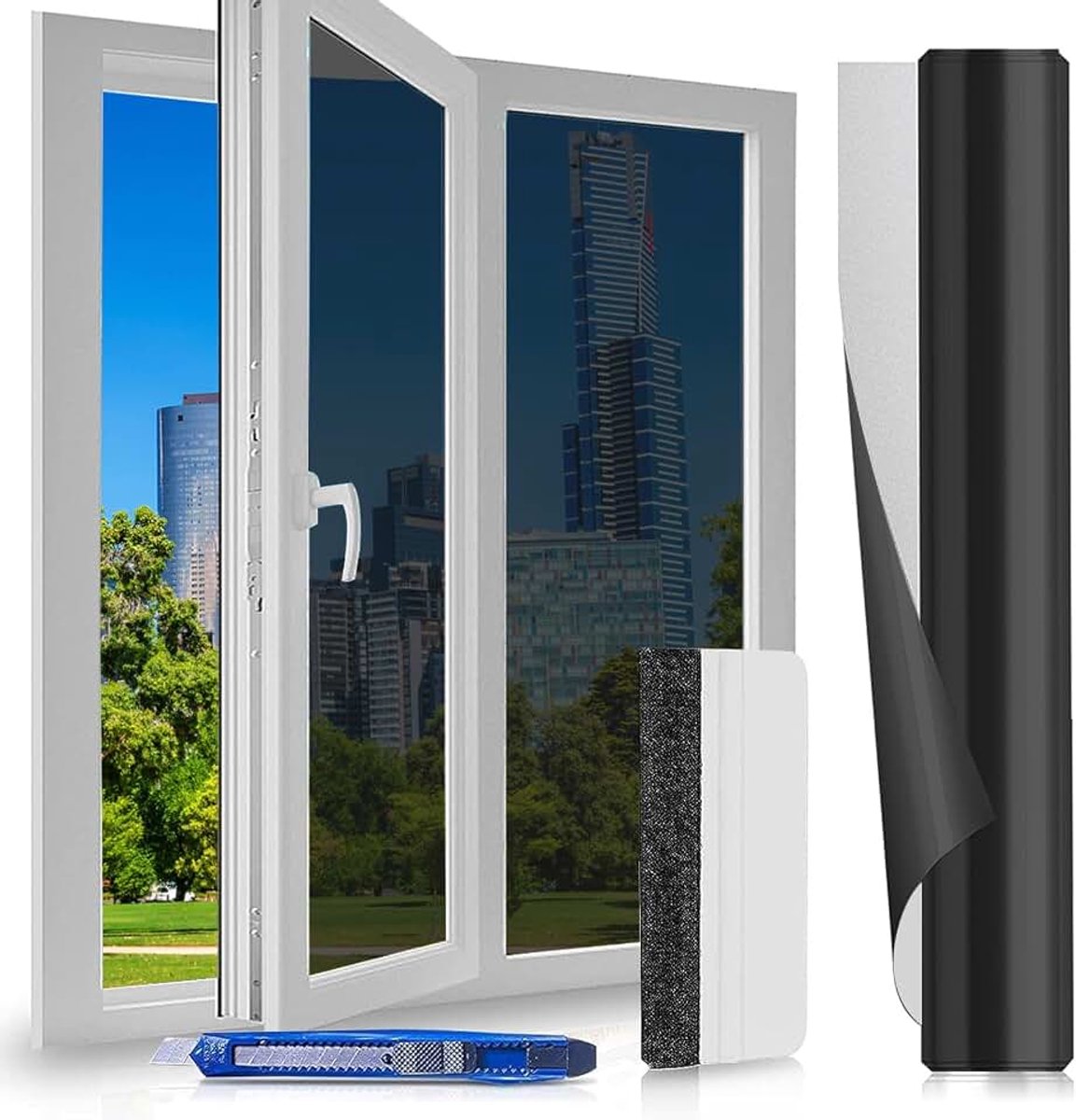 Anti-kijker 44,5 x 400 cm - Anti-hitte & Anti-UV Spiegelvensterfolie met Montageset, Privacybescherming & Zonbescherming, Geschikt voor Huis, Kantoor & Winkel, Zwart zilver