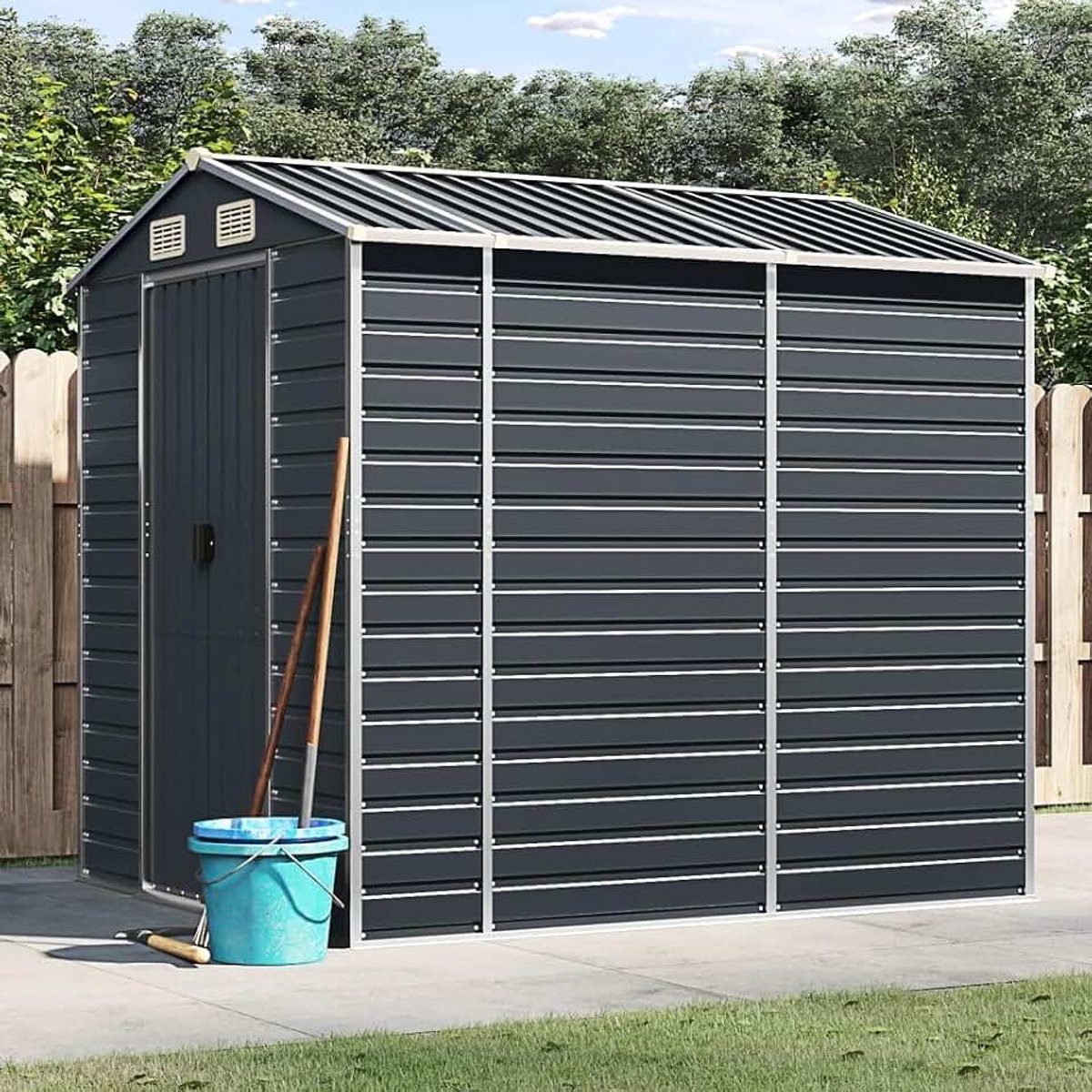 Gereedschapsschuur met schuin dak, tuinhuisje, tuinhuis, metalen schuur, magazijn, gereedschapskast voor tuin, terras, antraciet, 191 x 215 x 198 cm, verzinkt staal