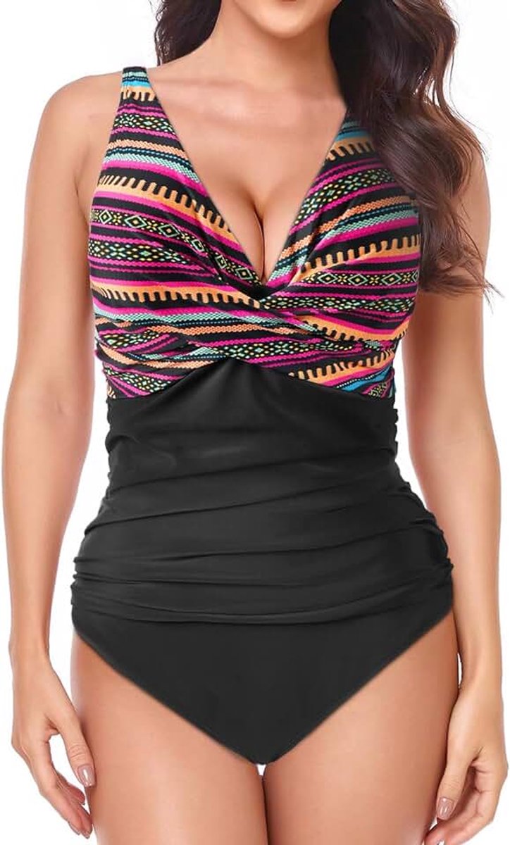 Badpak uit één stuk voor dames, Badmode Tummy Controle Ruched, buikcontrole V-hals badpakken, slank eendelig badpak, Kleurrijke strepen Damesbadpak