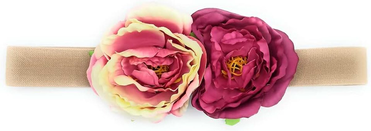Bloemenriem voor damesjurken, elastisch, met kunstbloemen, Maxi bloemen Ø 10 cm - fuchsia ivoor, se estira hasta la talla 40-42