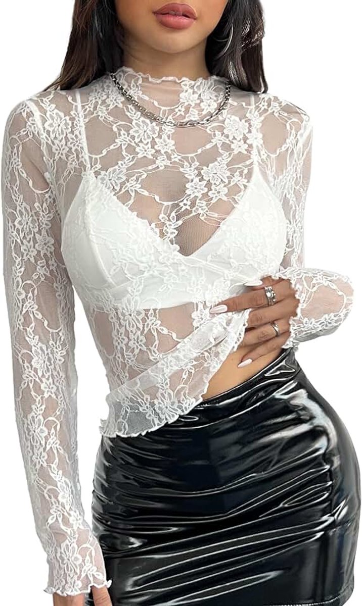 Dames nettops transparant lange mouwen kant transparante top tuniek kant bloemen clubwear maat S-XXL