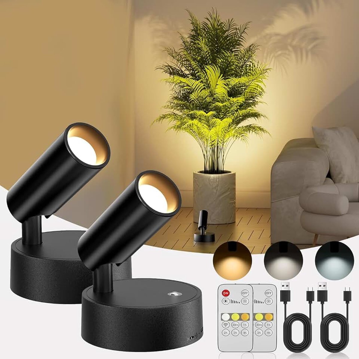 5500 mAh accu-wandlamp, spotlight, set van 2 met timer, 3 kleuren, dimbaar, wandspot met touch-afstandsbediening, 350° draaibaar, oplaadbaar, wandlamp, binnendecoratie, voor fotoverlichting