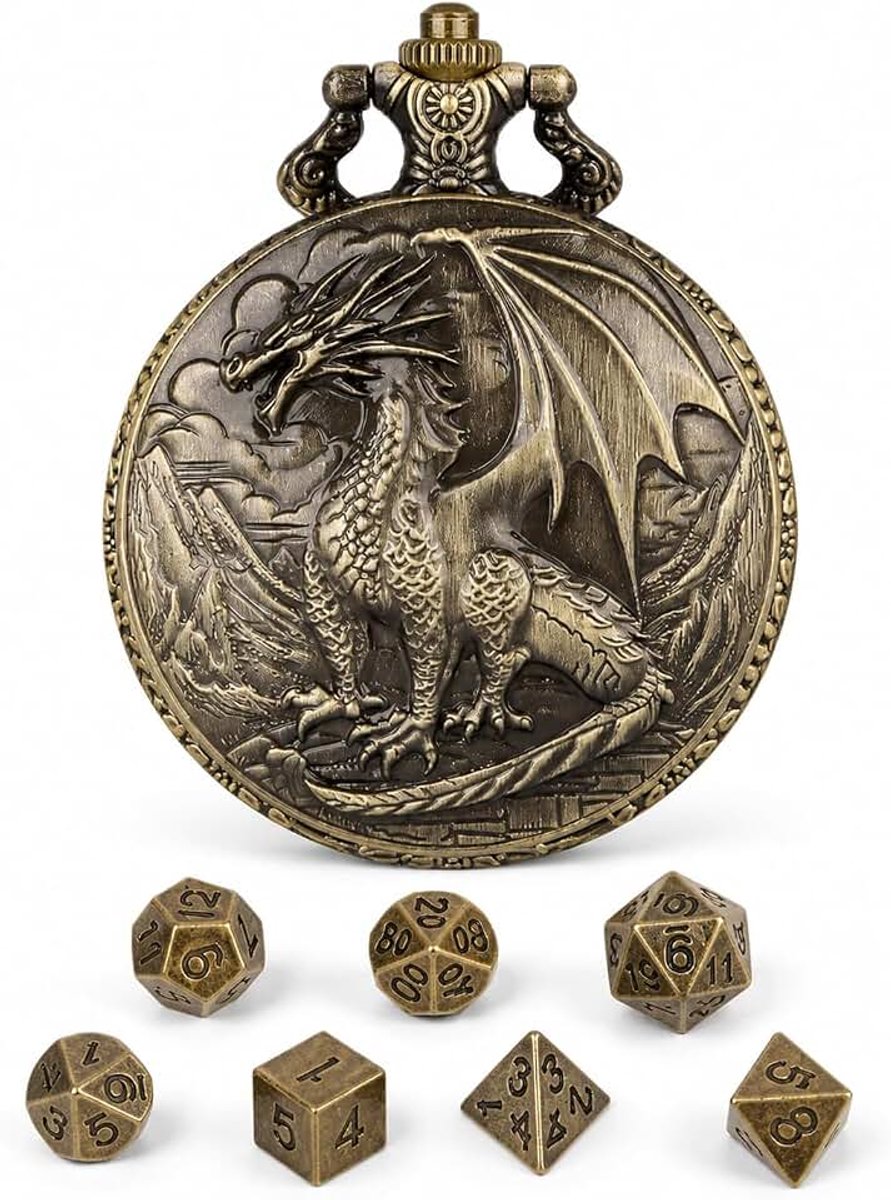 1 set mini-DND-dobbelstenen, metaal, polyhedral, zakhorloge-etui met drakenpatroon, ideaal voor kerkers