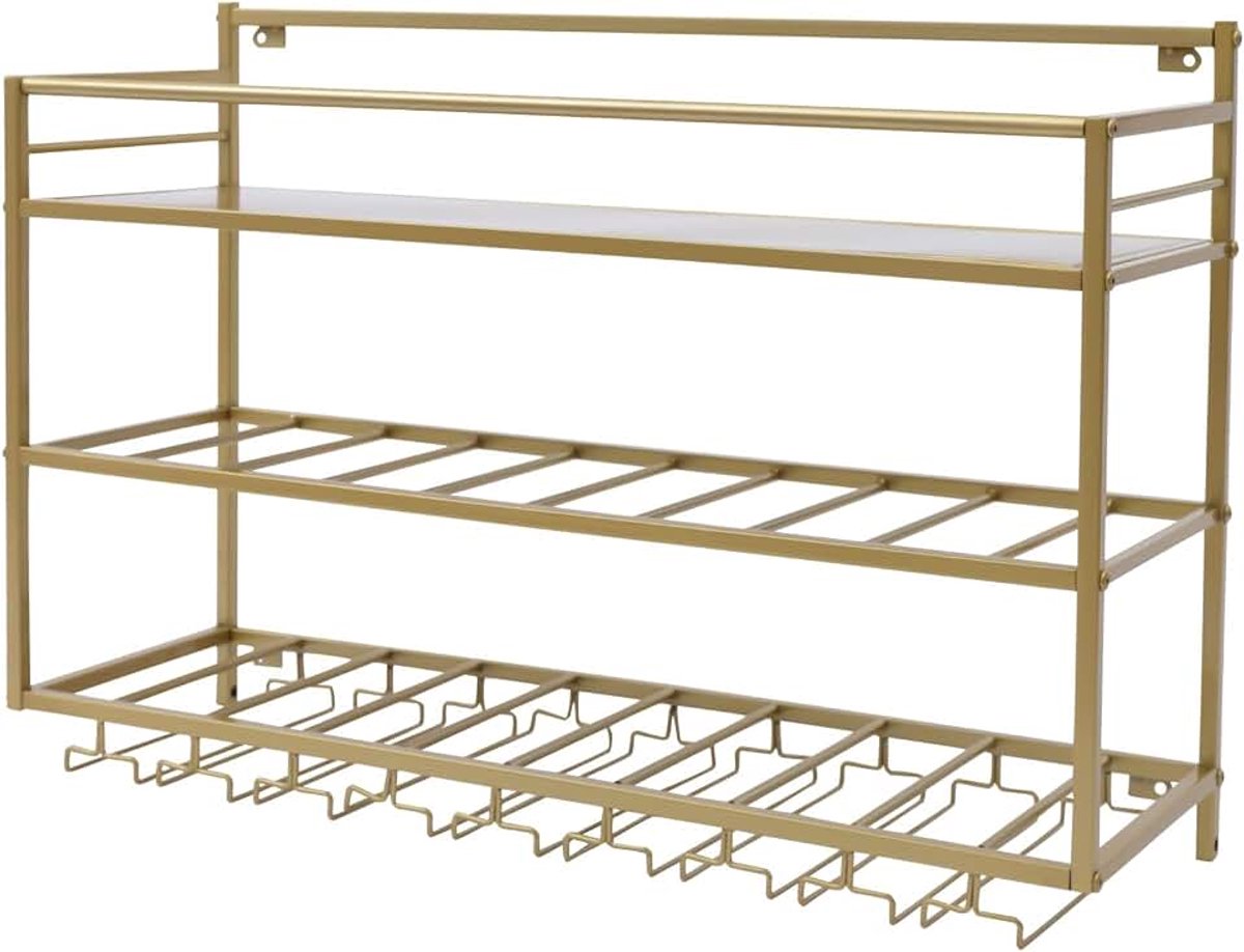 Metalen wand-wijnrek, keukenbar, wijnglas, opbergrek, flessenrek voor keuken, bar, decoratie, goud