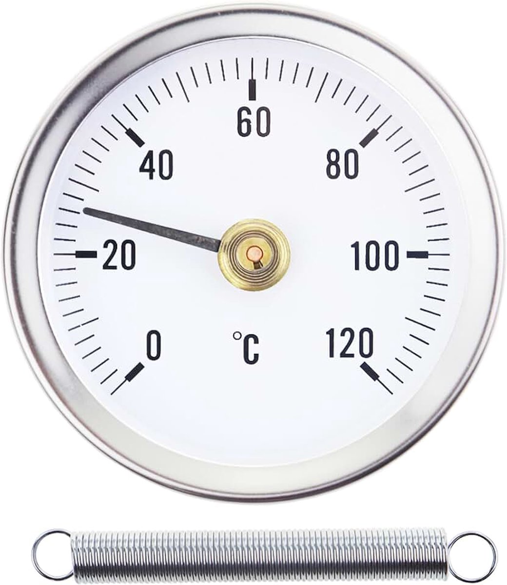 Verwarmingsbuis 0-120 °C, 63 mm, bimetalen verwarmingsthermometer met roestvrijstalen wijzer, thermometer, verwarmingsbuis, contactmeter, veeropzetstuk