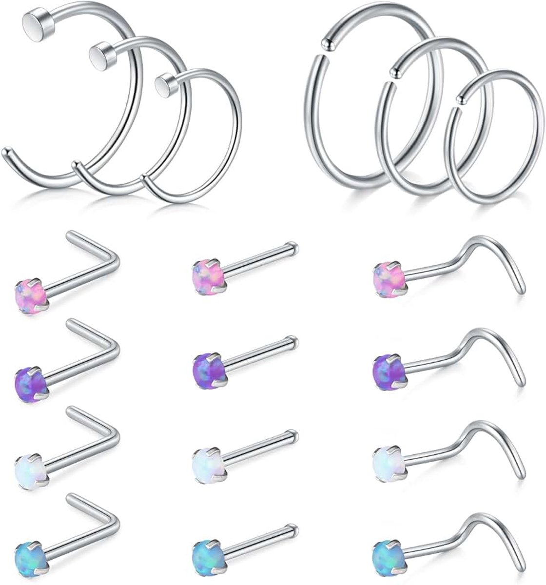 Neuspiercing, hypoallergeen, roestvrij staal, L-vormige neuspiercing, schroeven met zirkonia, neuspiercing, sieraden, 22G, 20G / 18G, 18 stuks of 24 stuks