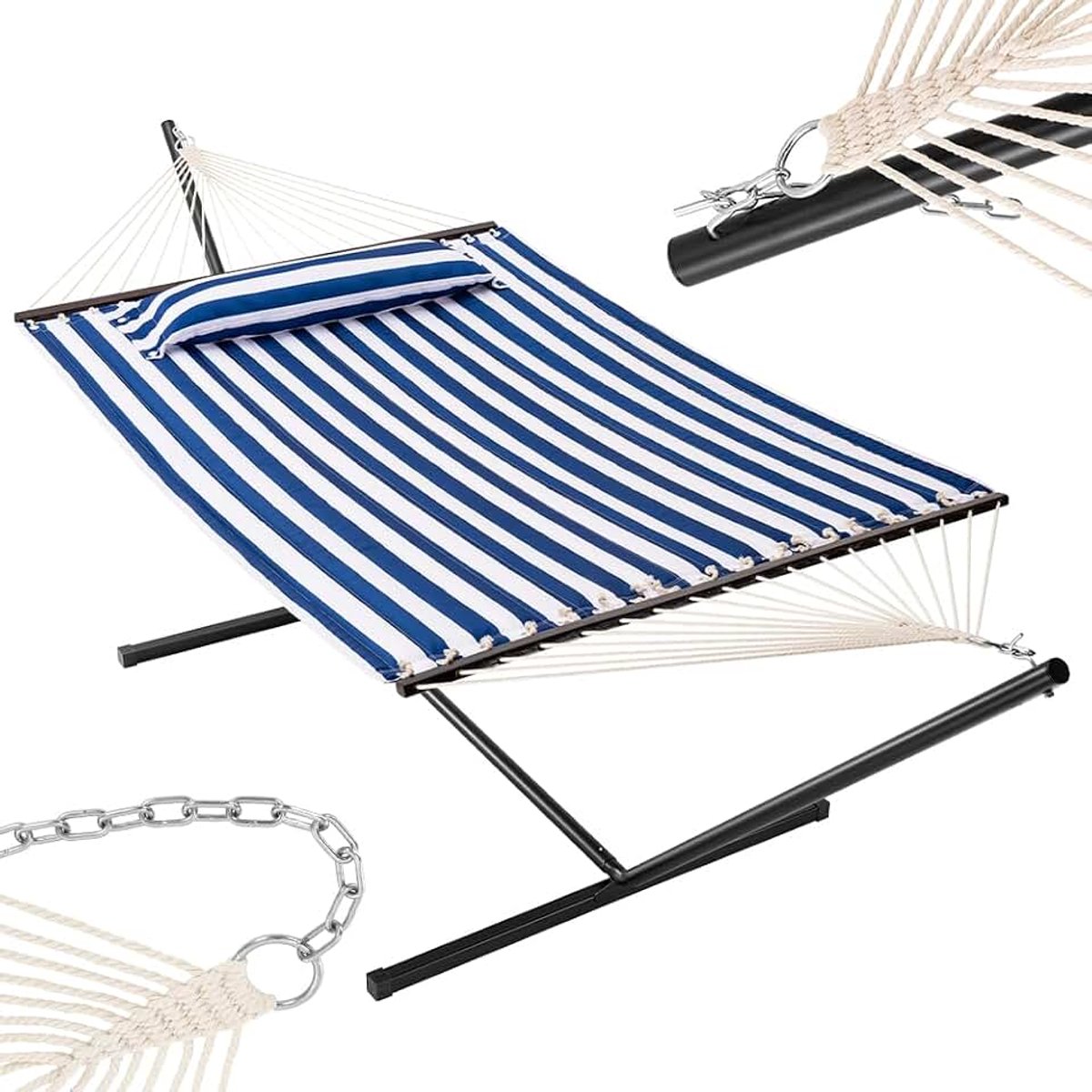 Tuinhangmat met Braziliaanse standaard en 1 gevoerd kussen, robuust frame, solide stalen constructie, draagkracht 200 kg, ideaal voor binnen en buiten (blauw/wit)