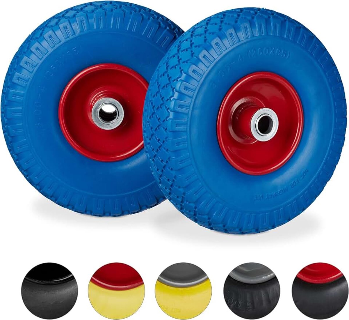 2x steekwagenwiel 3.00-4 100 kg draaglast stalen velg as met diameter 20 mm 260 x 85 mm blauw-rood