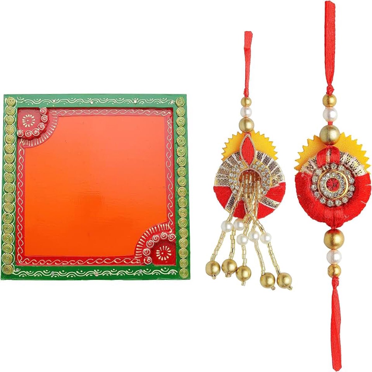 Creation Decorative Pooja Thali Plate Platter Wooden Puja Thali with Essential Pooja Articles for Aarti Pooja Rituals Festival New Year Decorations & Home Decor Gifting (Size:- 10")(Orange)
