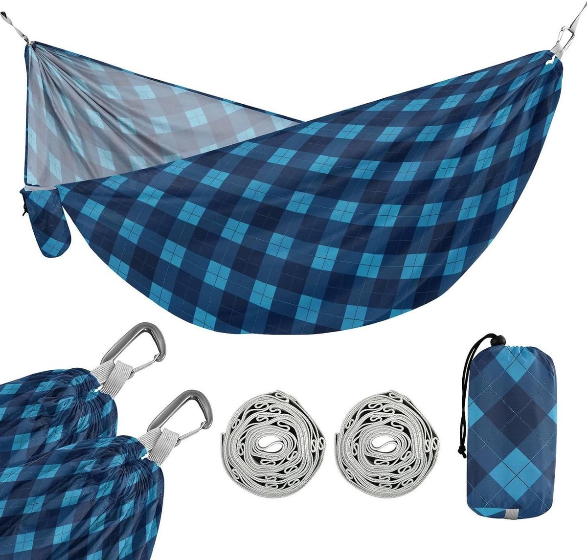 Hangmat Dubbel - Kampeerhangmat Loungehangmat - Buiten Ontspannen - Inclusief Ophangtouw - 114 x 138 cm - Donkerblauw Geruit