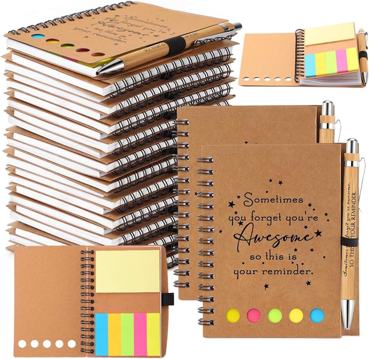20 sets Employee Appreciation Thank You Gifts 20 Inspirational Spiraal Notebook Journal met Sticky Note Notepad 20 Motivational Bamboo Ballpoint Pen Bulk for Peacher Leraar Coworker (Forget)