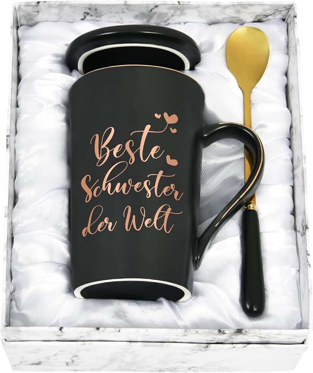 Beste Zus Gepersonaliseerde cadeaus voor koffiemok met spreuk - Beste Schwester der Welt, verjaardagscadeau voor vriendin, 400 ml, zwarte mok
