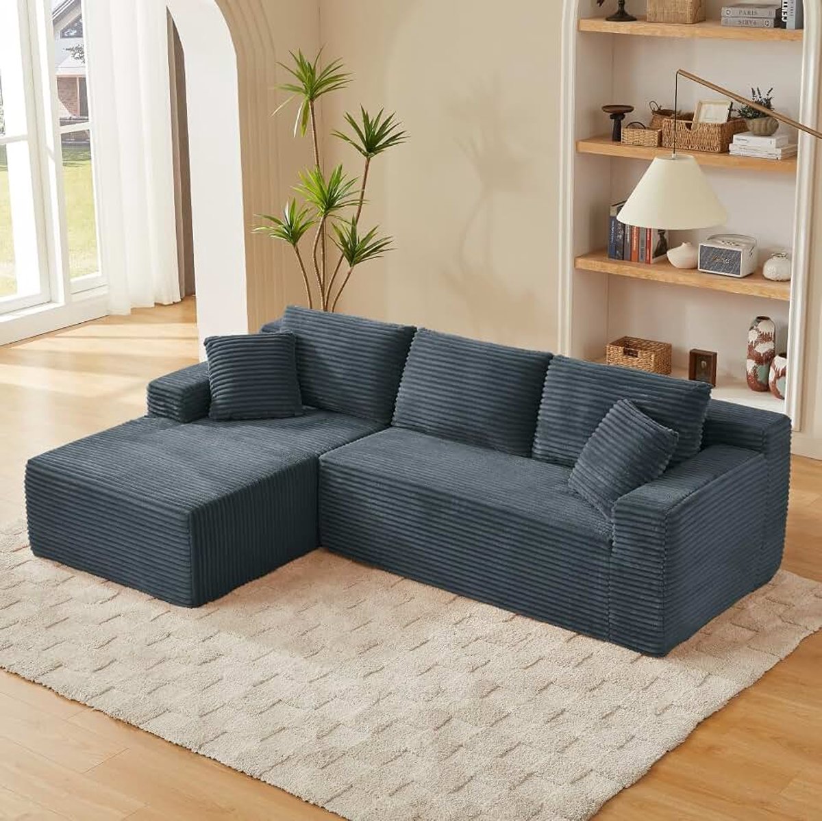 Hoekbank, 4-zits, modulaire corduroy bank met kruk, comfortabele woonkamerbank met 2-6 kussens, ruimtebesparend woonlandschap voor woonkamer en appartementen, 256 x 134 cm