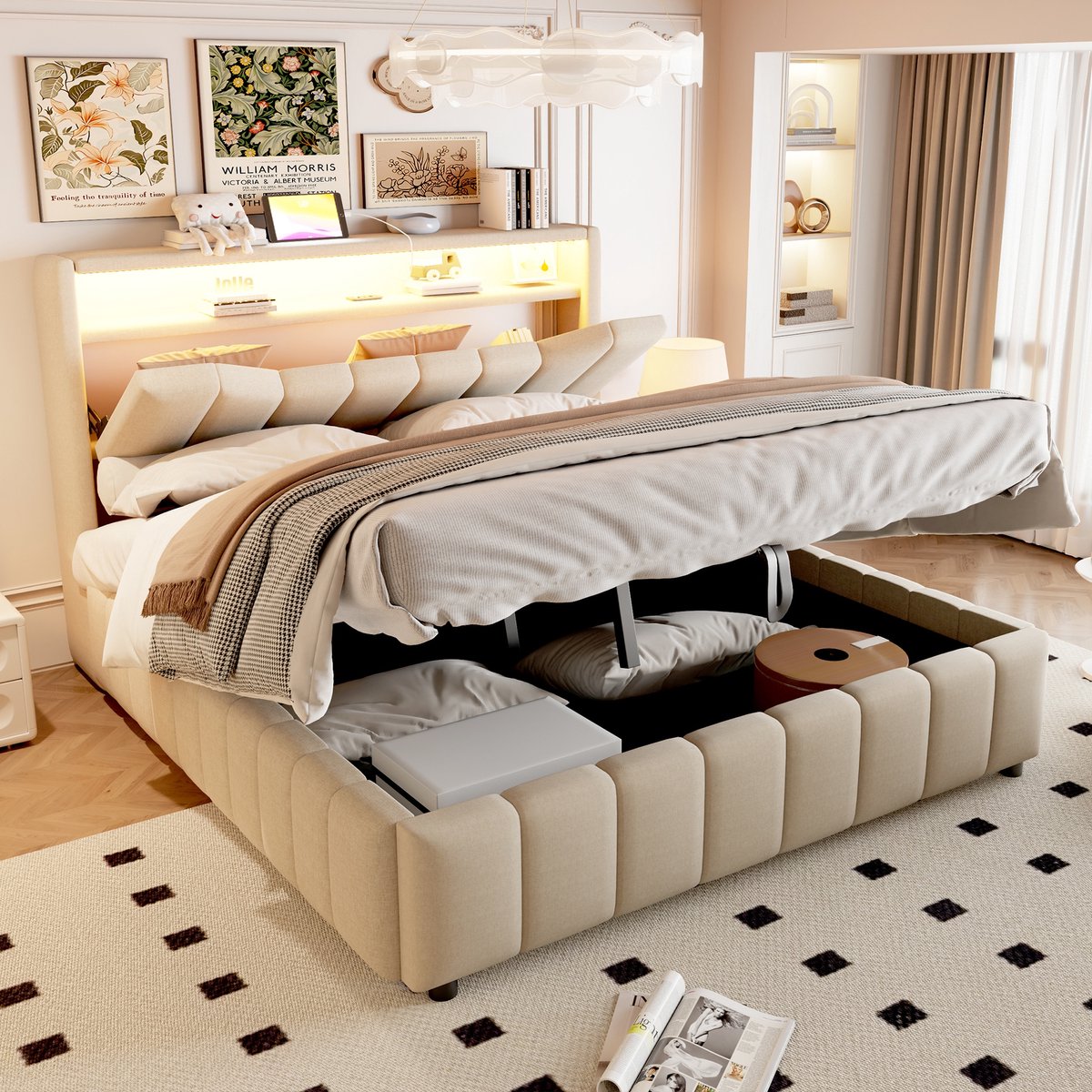 Sweiko Tweepersoonsbed - 140 x 200 cm - Gestoffeerd hoofdeinde - LED-verlichting - Opbergruimte - Met oplaadpoorten - Linnen - Beige (zonder matras)
