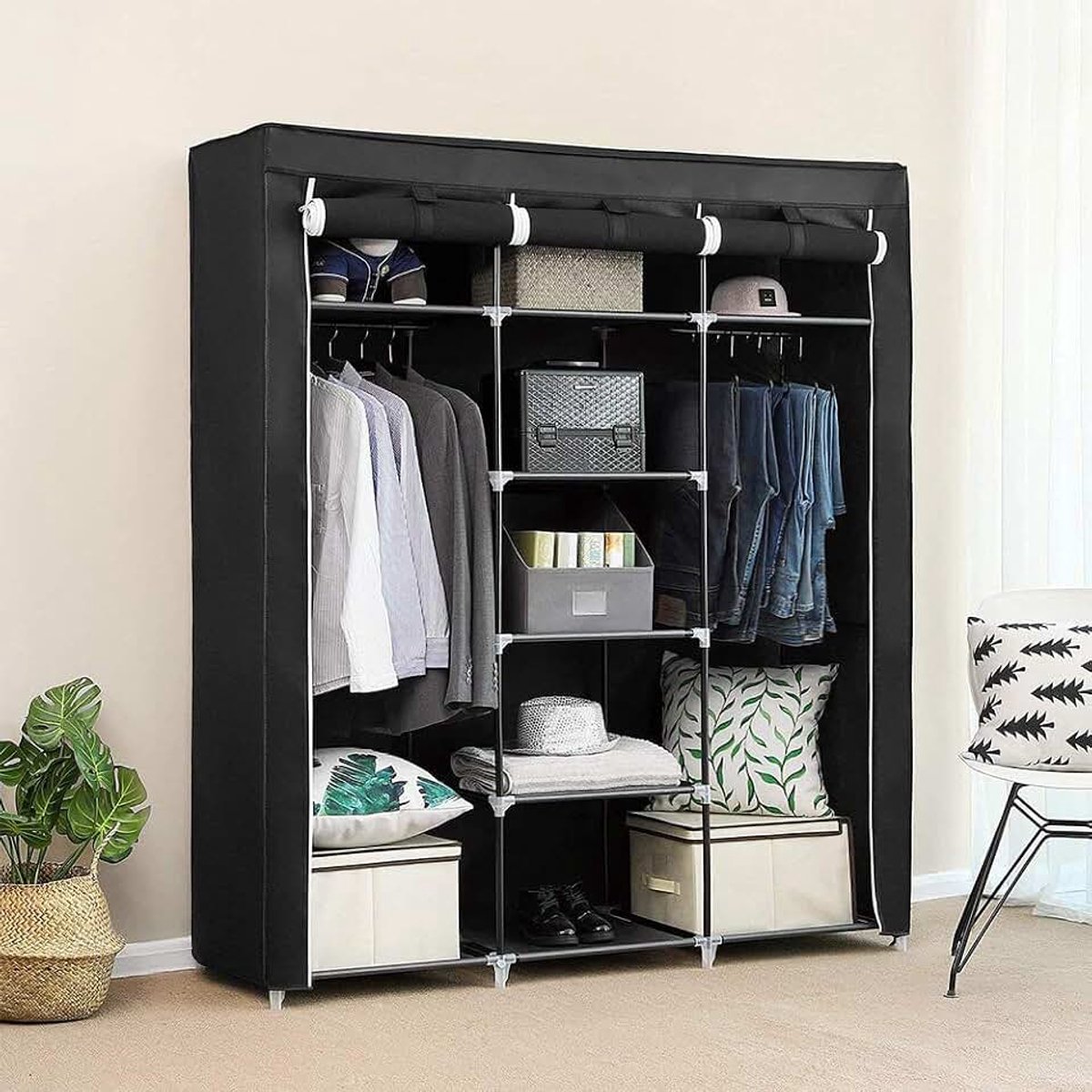 Kledingkast in Niet Geweven- Kleerkast Kleding Ordener 175 * 150 * 45cm - Zwart (Kleding hangt aan beide kanten)