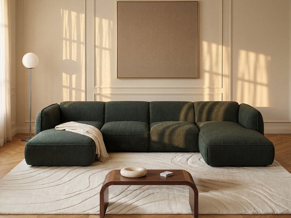 Vente-unique Hoekfauteuil in groene chenillestof van Maison Céphy CAMILIO
