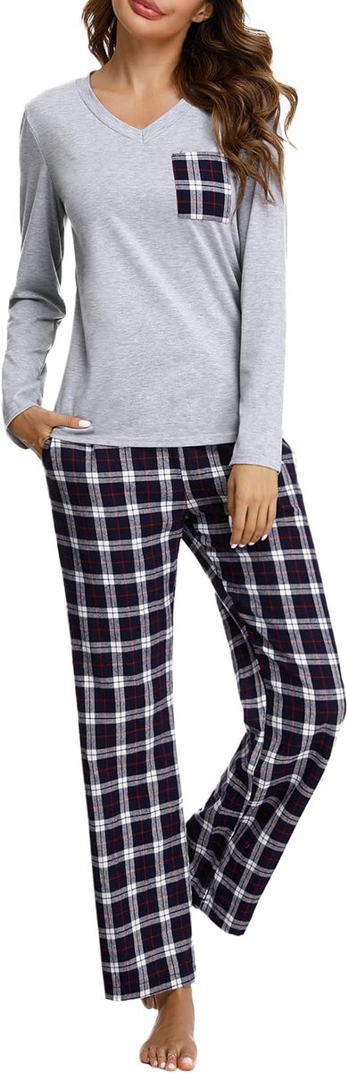 IClosam Dames Pyjama Set Flanel Plaid Nachtkleding Loungewear Lange mouw Tops & Pyjama Broek met Zakken S-XXL