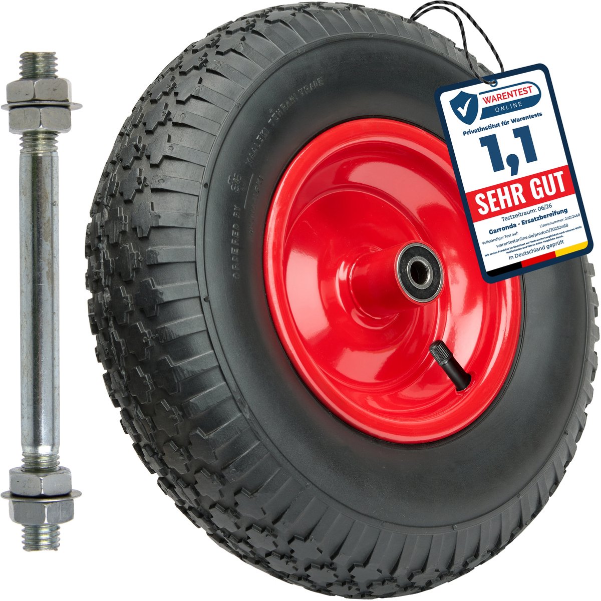 GARRONDA - Vervangwiel Kruiwagen 4.00-6 Kruiwagenwiel Ø 320 mm Luchtband 2PR Band tot 90 kg met As Stalen Velg Kogellager voor Tuinwagen Erf Bouwplaats GD-0163, Zwart-Rood