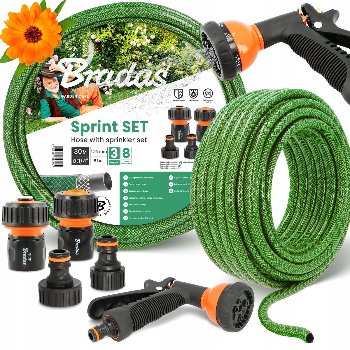 Tuinslang 30m 3/4" Groen Compleet met Spuit en Koppelingen