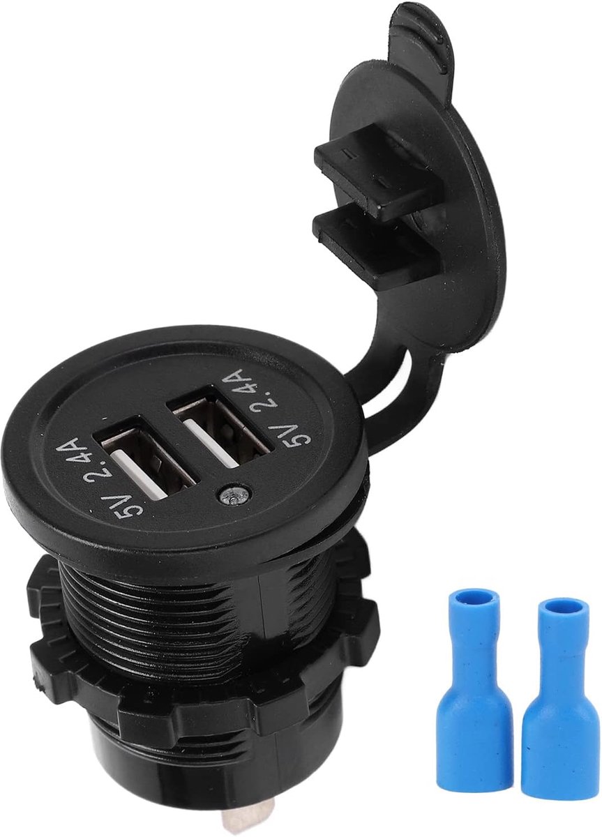 Autolader, dubbele USB-aansluiting, 2,4 A, waterdicht, zwart, met achtergrondverlichting