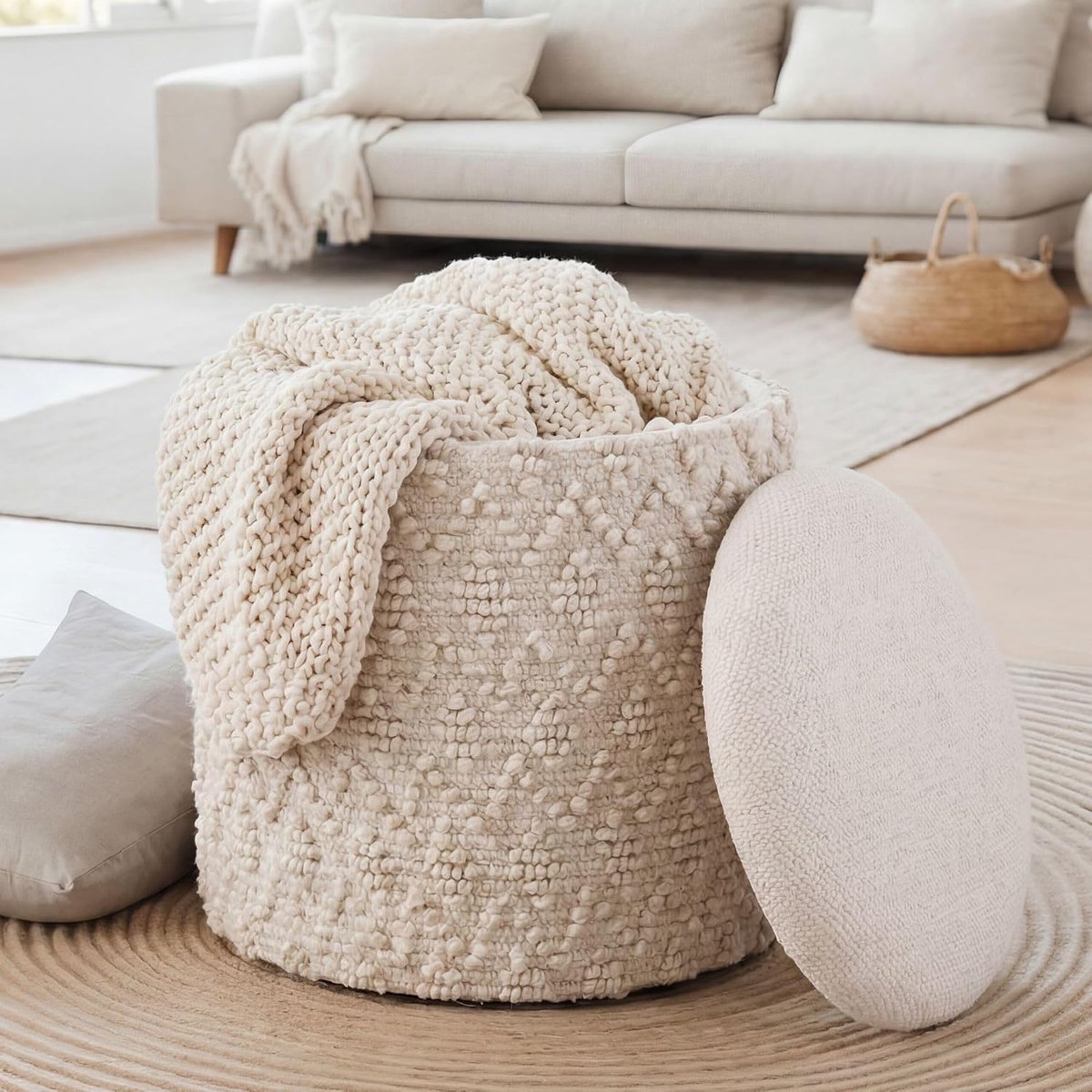 Poef Rond 40 cm Wol Crème met Opbergruimte | poef met afneembaar deksel, stoffen poef in boho stijl, kaptafelkruk tot 120 kg, handgemaakt, opberging