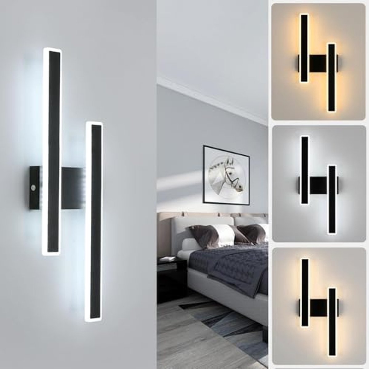 Riserva LED Wandlamp Zwart - 32W - 3 Lichtkleuren (3000K/4500K/6500K) - Moderne Dubbele Rechthoekige Wandlamp voor Hal, Gang en Trap