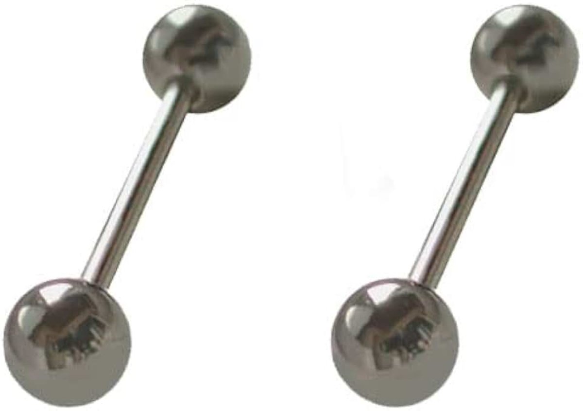 2 tongpiercings in zilver, 1,6 mm dik, staafje 16 mm lang, stijf., Zilver