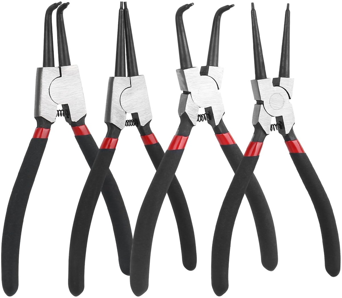 4 stuks borgringtangset, 180 mm borgringtangset met draagbare tas, borgringtang voor binnen- en buitenzekeringen, rechte en gebogen zeeringtang