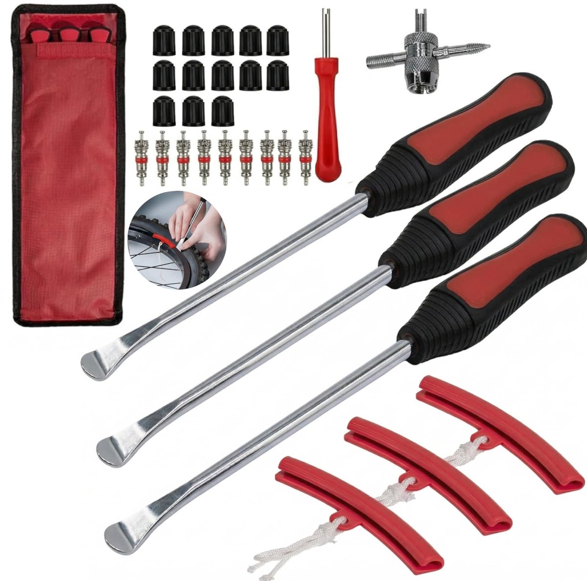 30 stuks bandenlichters combinatie, montageijzer, bandengereedschap voor motorfiets, fiets en scooter, bandenmontage hefboomgereedschap lepel met draagbare bandenlichter, 9 wielvelgbeschermers voor