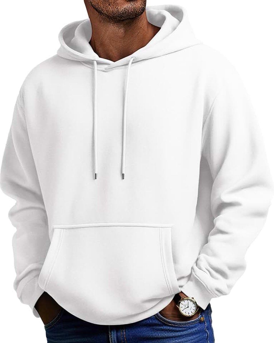 Hoodie voor heren, fleece capuchontrui, katoenen sweatshirt met capuchon, basic winterhoodies voor mannen, wit, L