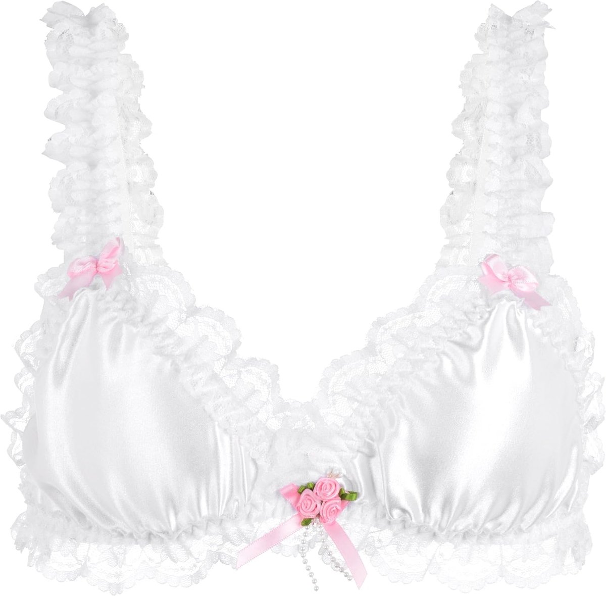 Satijnen Bralette Ruches Kant Lingerie | Satijnroosjes, Kunstparels, Elastische Onderborstband, Strikjes op Bandjes, Veelzijdig, Maten S-XXL