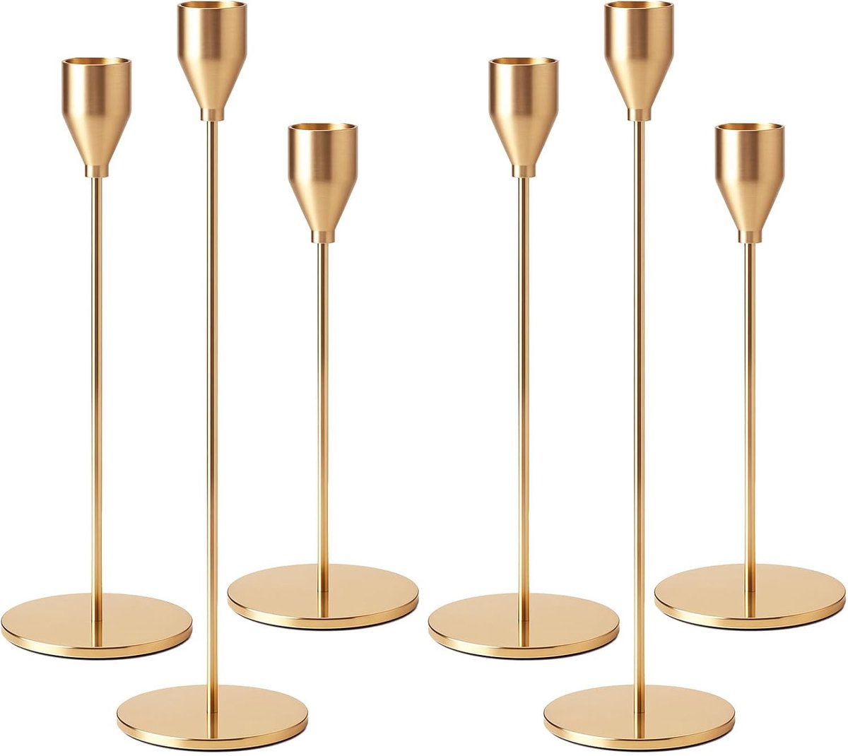 gouden kandelaar, 33/29/23 cm, kegelvormige kandelaar voor bruiloft en romantische diners, 6 stuks van goudkleurig metaal, elegante tafeldecoratie (retrostijl)