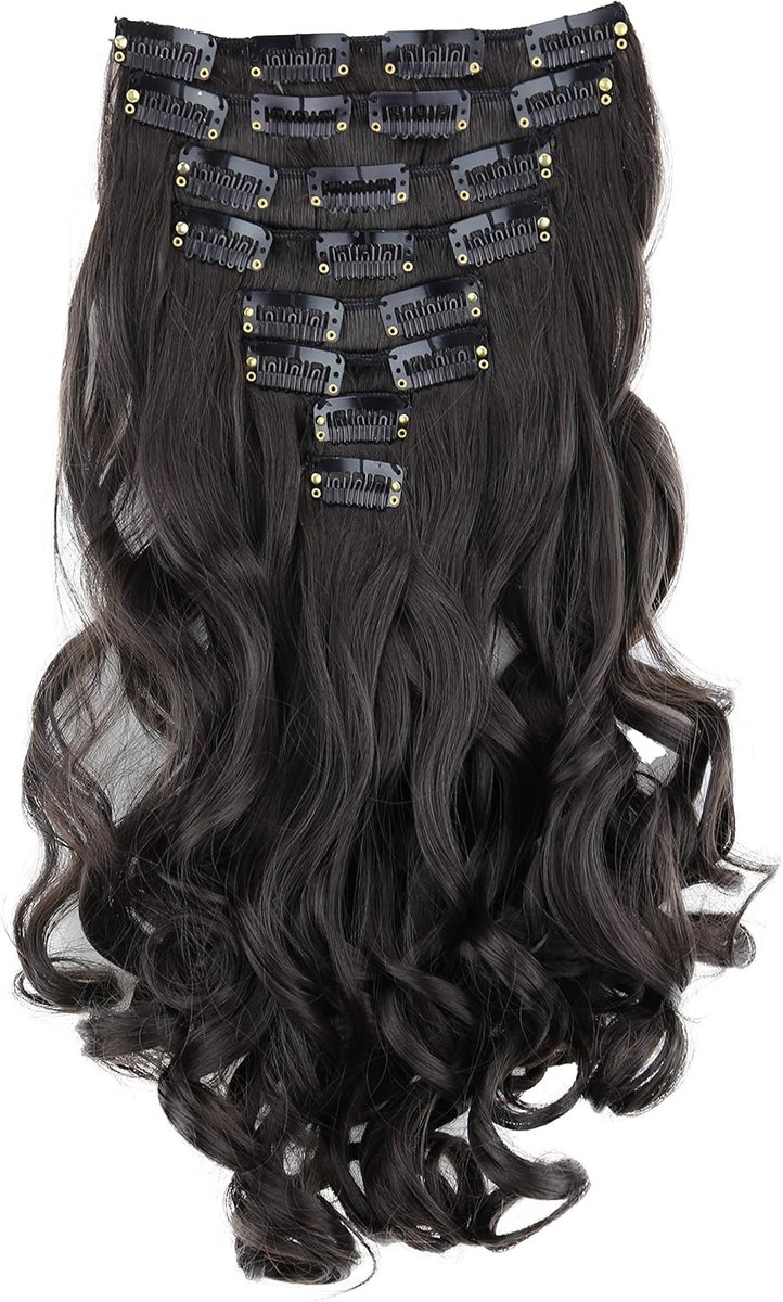 XXL 45cm 8 Delige Set CLIP IN EXTENSIONS Haarextensies Haarstukje Golvend Chocoladebruin CES21-1