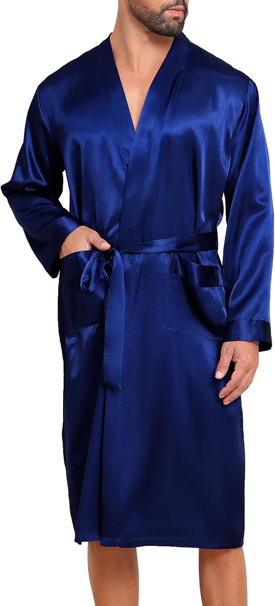 Badjas voor heren, satijn, lichte kimono, badjas van zijde, lange mouwen, nachthemd voor heren, badjas en nachtkleding met riem en zak