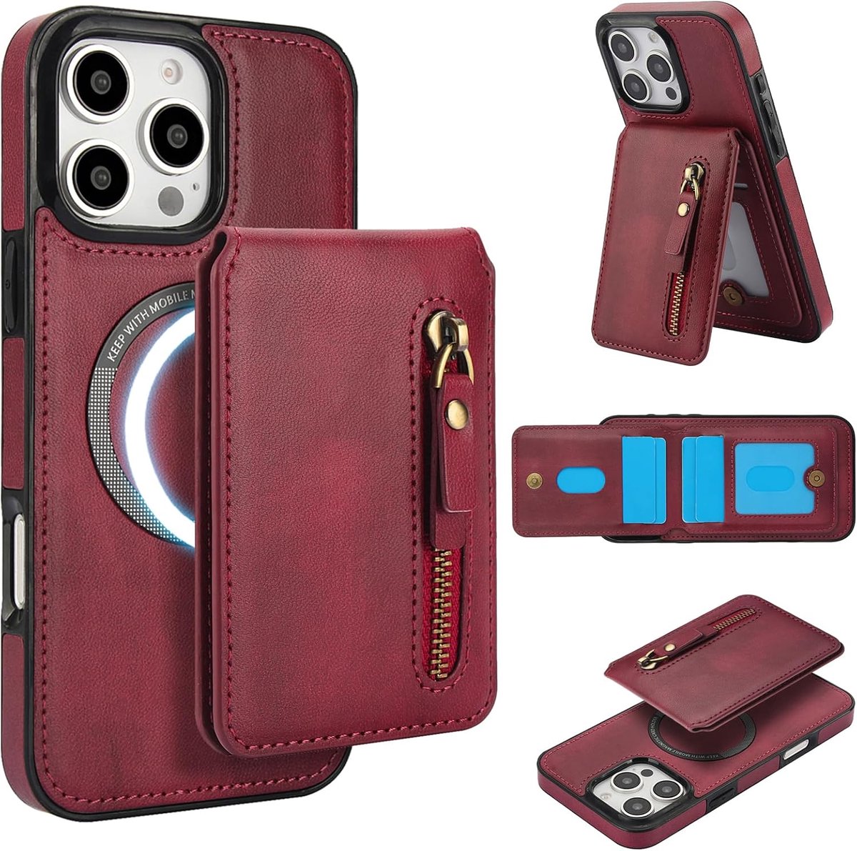 voor iPhone 15 Hoesje met Portemonnee Kaarthoes, scheidbaar Compatibel met Magsafe, PU Lederen ID Stand Houder, Klassiek voor iPhone15 2023 6.1 inch - Rood