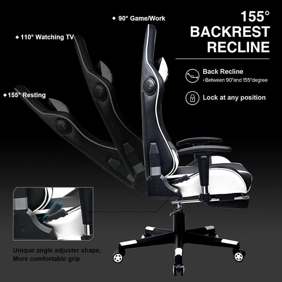 Gamerstoel met voetensteun - Ergonomische stoel - Comfortabel werken - Verstelbare rugleuning - 150 kg draagkracht - Wit — afbeelding 4