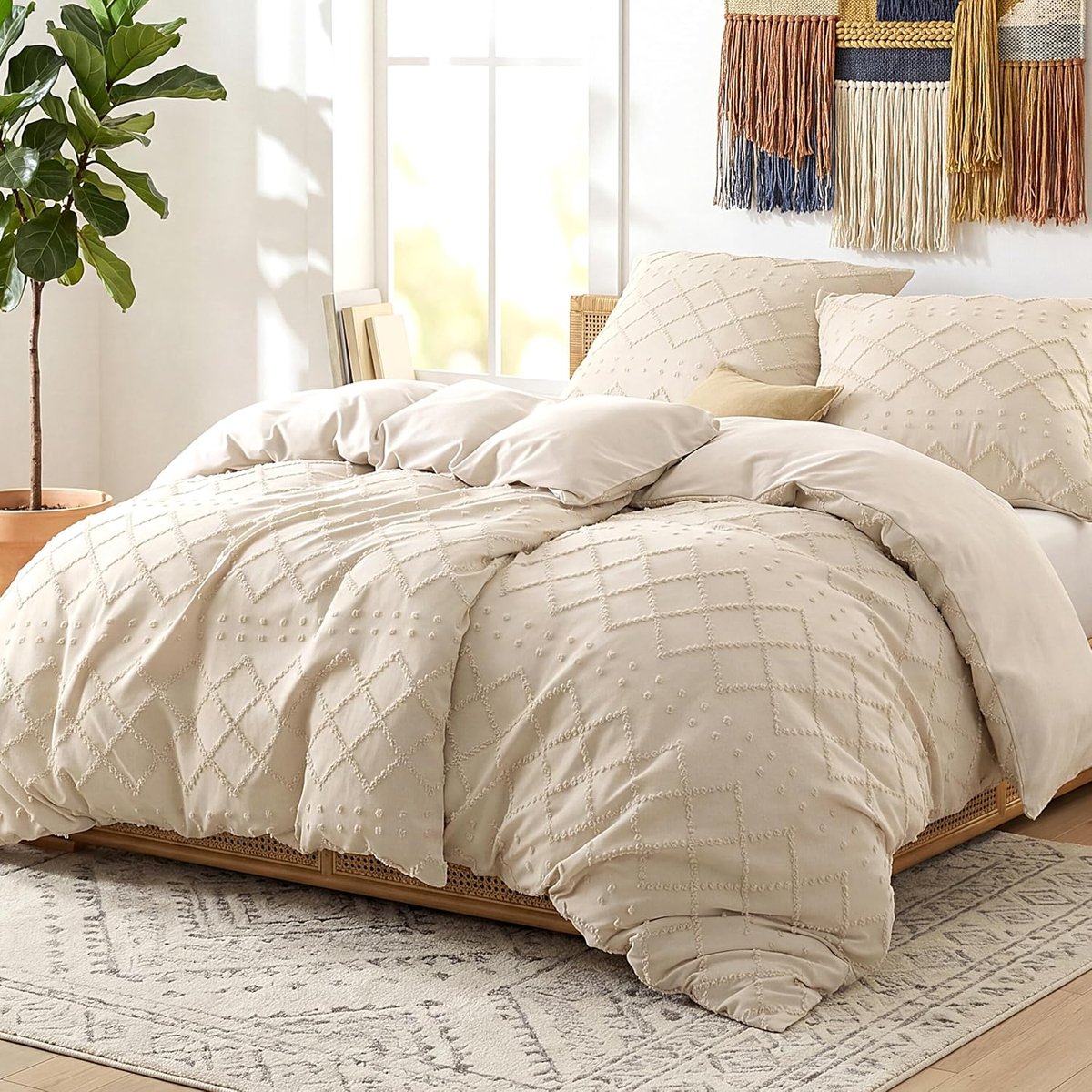 Boho Dekbedovertrek Set 135 x 200 cm – 4 Delig – Beige – Getuft Geometrisch Design – Inclu