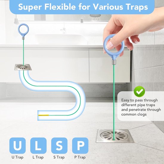 Afvoerreiniger, spiraal, afvoerreiniger en haarvanger, buisreinigingsspiralen, anti-breuk staal met nylon coating, afvoerspiraal, borstel voor keuken, badkuipen, afvalwaterkanalen (130 cm + 90 cm) — afbeelding 4