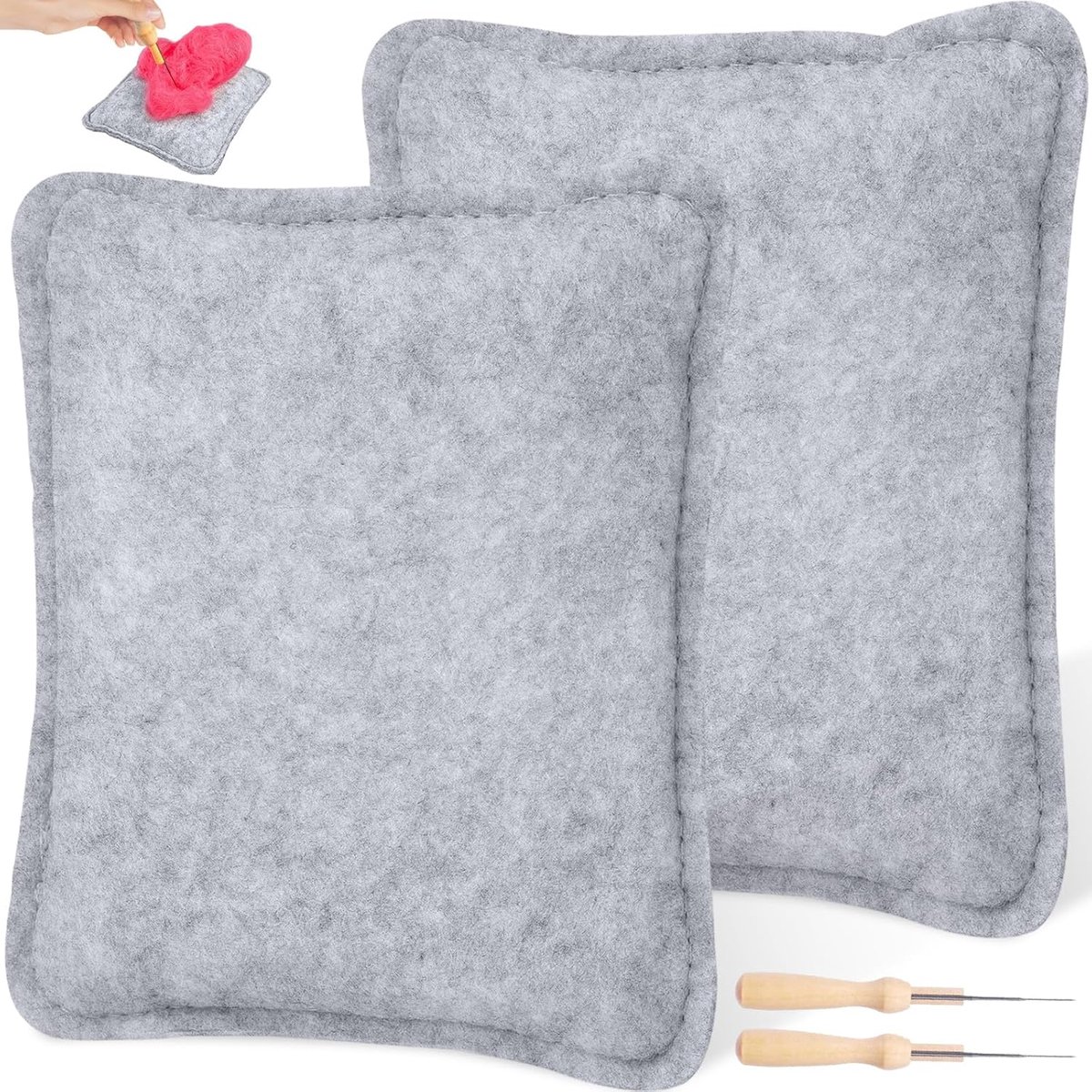Vilten starterset met 2 stuks 20,5 x 25 cm grijze vilten onderlegger + 2 houten viltnaaldenhouders & viltnaalden, droogvilten viltset, natuurlijk wolvilt onderlegger om te vilten voor