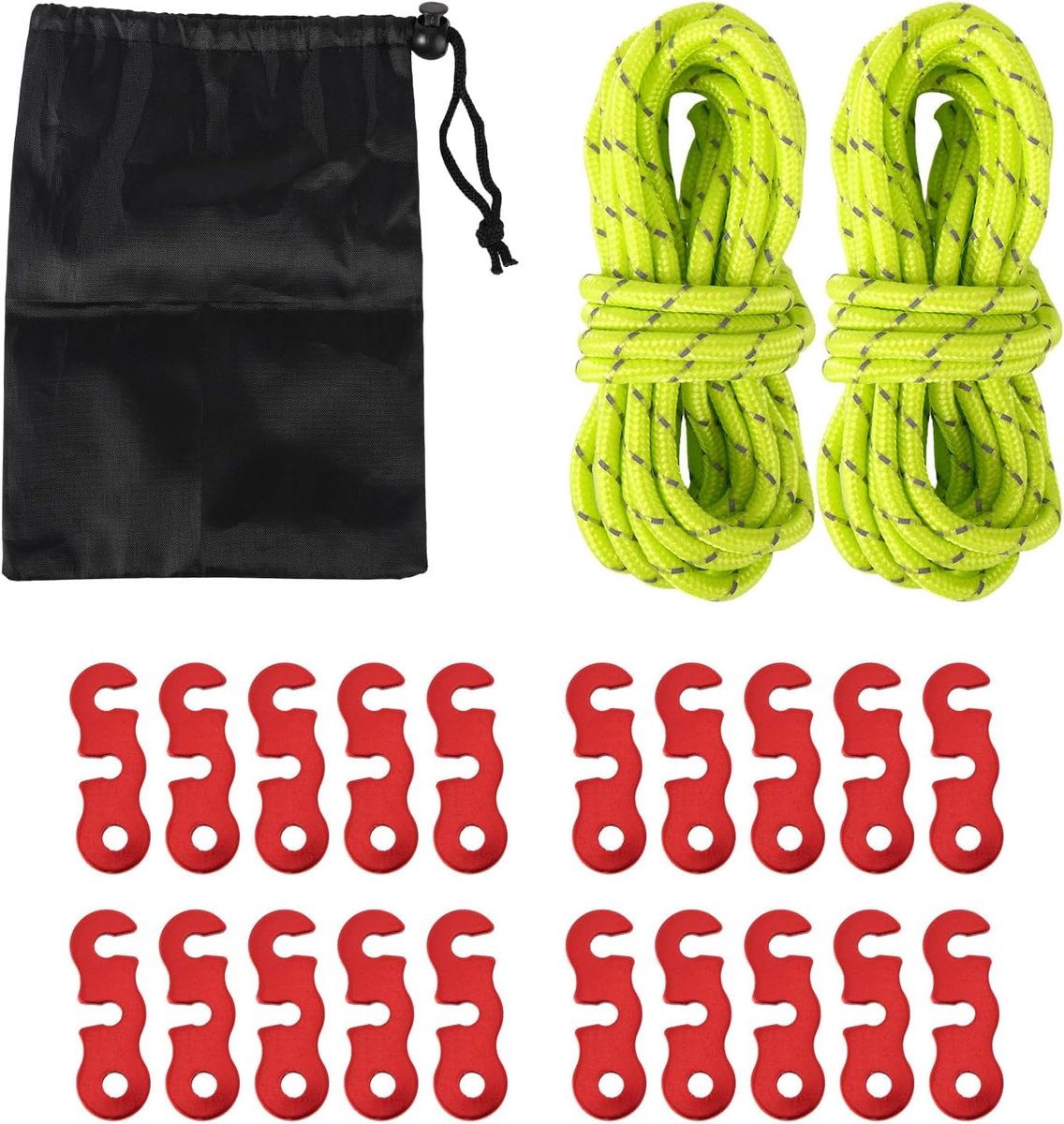 20st Zinklegering Tent Guylijn Spanners, Touwversteller Clips met 4mm Paracord & Opbergtas Touwspanner Haken voor Kamperen Wandelen Rugzaktochten Outdoor Tent Haring Accessoires (Rood)