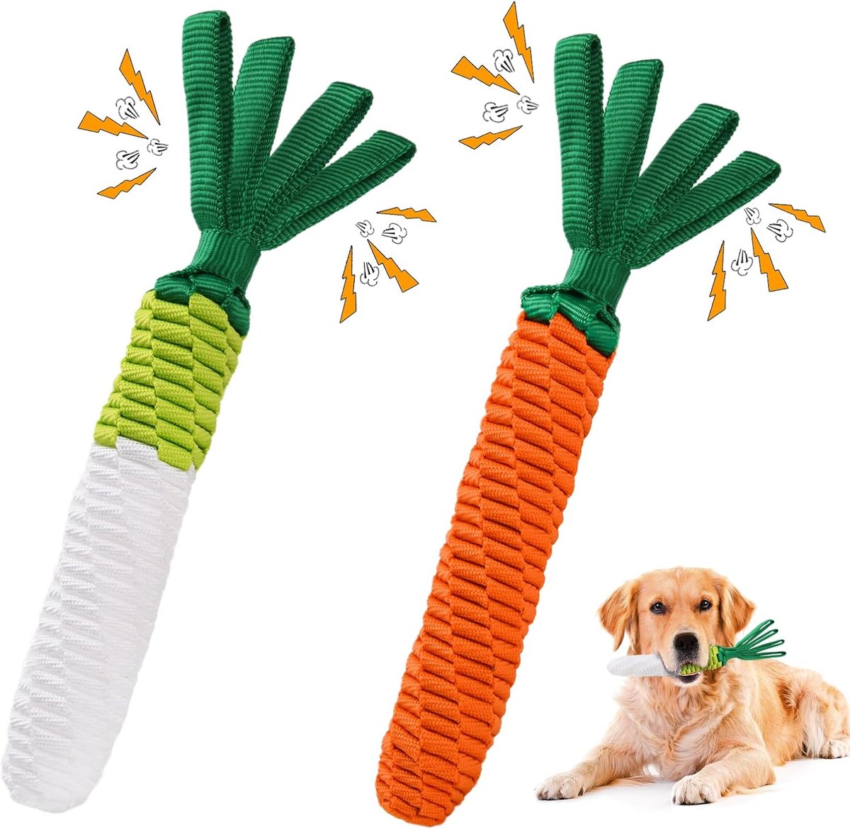 2 stuks hondenspeelgoed van touw, trekspeelgoed voor honden, schattig wortelspeelgoed voor honden met knisperende papieren labels