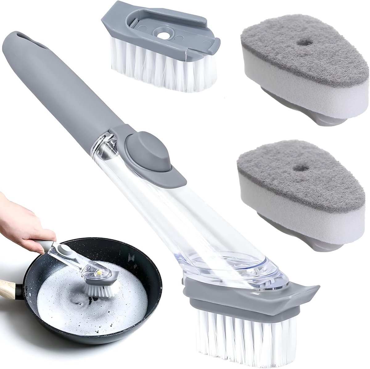 Afwasborstel met afwasmiddeldispenser, vulbare afwasborstel met 1 borstelkop en 2 verwisselbare sponskoppen, keukenborstel, afwasborstel, voor pan, gootsteenreiniging