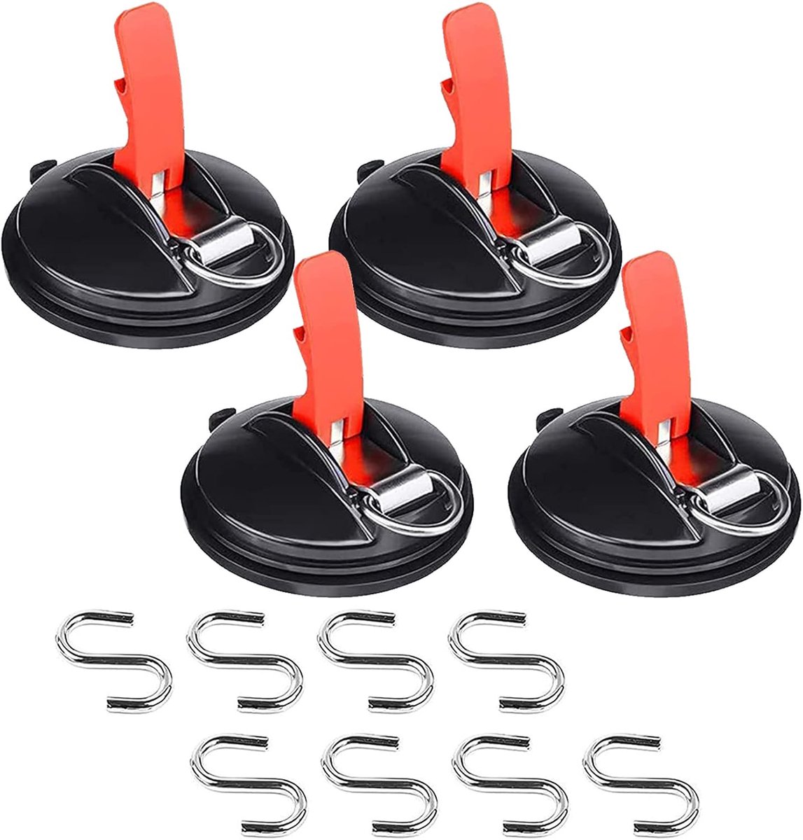 Zuignappen met haken, ankergereedschap, autohouder, zuignap, set van 4 zuignappen met 8 S-haken, voor camping, bevestiging van bagagezeilen, tenten, autospanners