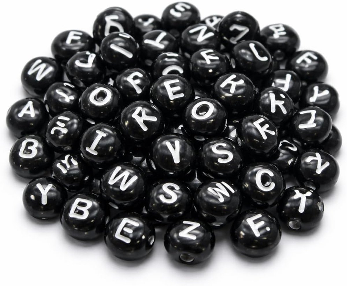 Kralen, kunststof letters, zwarte kralen met witte letters, A-Z, 8 mm, ronde kralen voor armband, choker, sieraden of ander handwerk