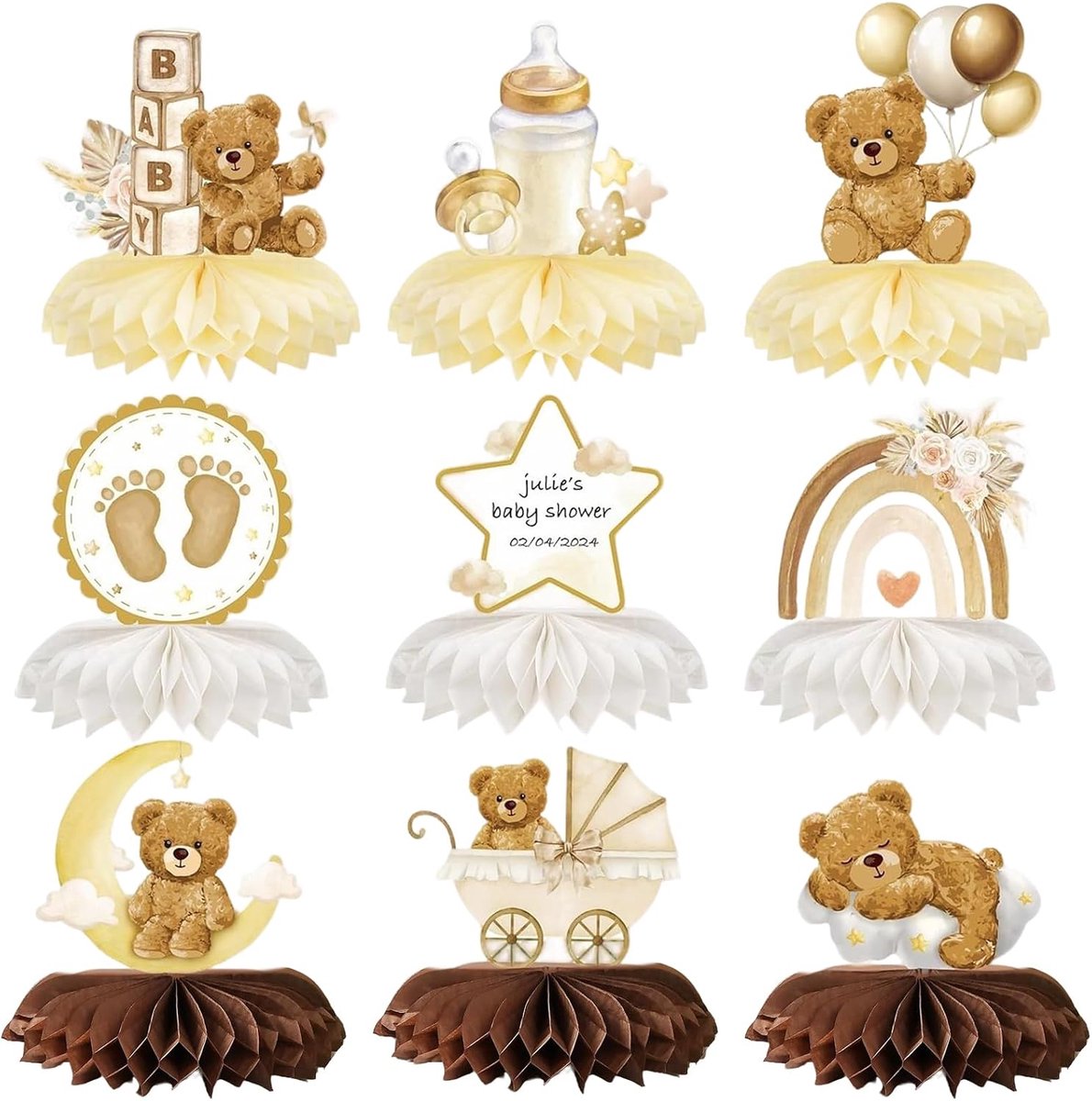 9 stuks babyshowerdecoratie, babyshower, decoratie, teddybeer, babyfeestdecoratie, honingraat, genderreveal, herbruikbaar, babydouche, universeel, voor babyshower, verjaardagsfeest