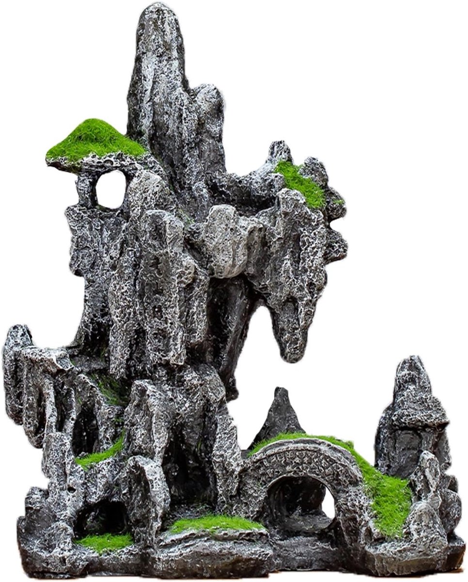 Ornamenten met uitzicht op de bergen, grote aquarium rotstuin landschapsarchitectuur ornamenten, bureaubladornamenten, interieurdecoratie (groene bergen en groen water)