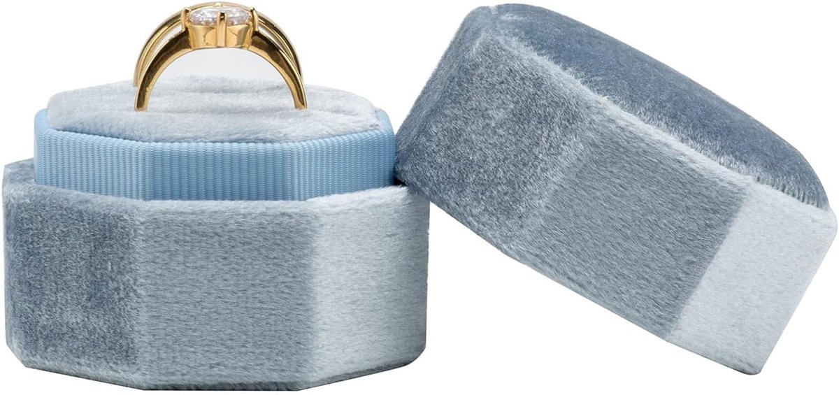Ringbox voor bruiloft van fluweel met afneembare deksel, 2-sleuf ringschatel voor verlovingsring & trouwring, elegante zeshoekige ringbox voor aanzoek, Valentijnsdag, huwelijkscere