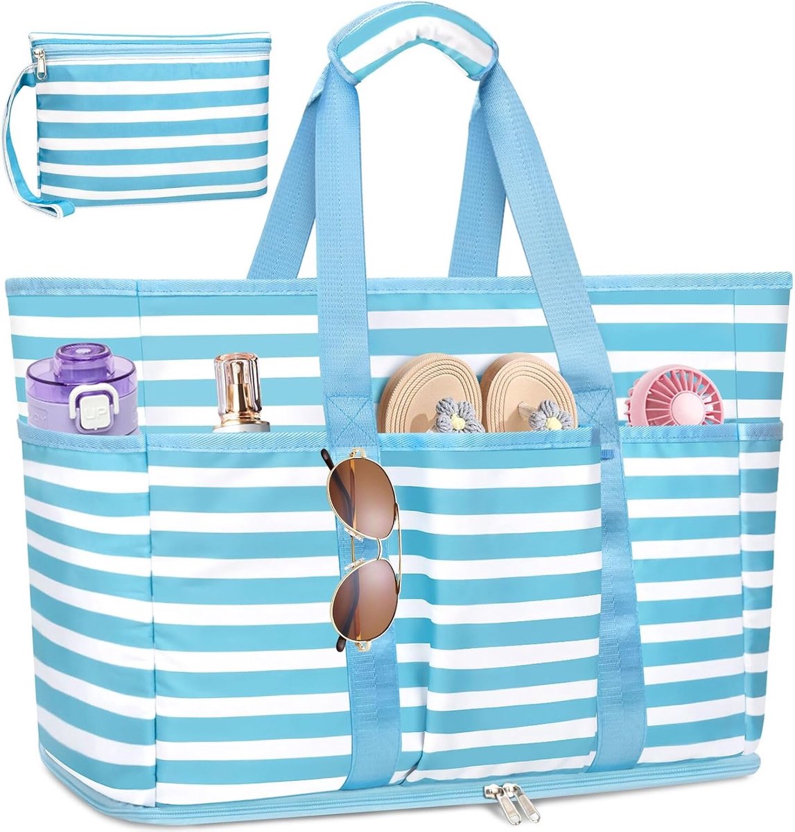 Strandtas, groot, XXL, familietas, licht, nettas voor dames, waterdicht, zandvrij, met ritssluiting, meerdere zakken, nylon, voor picknick, vakantie, winkelen, werk, reizen (45 l), Lichtblauw