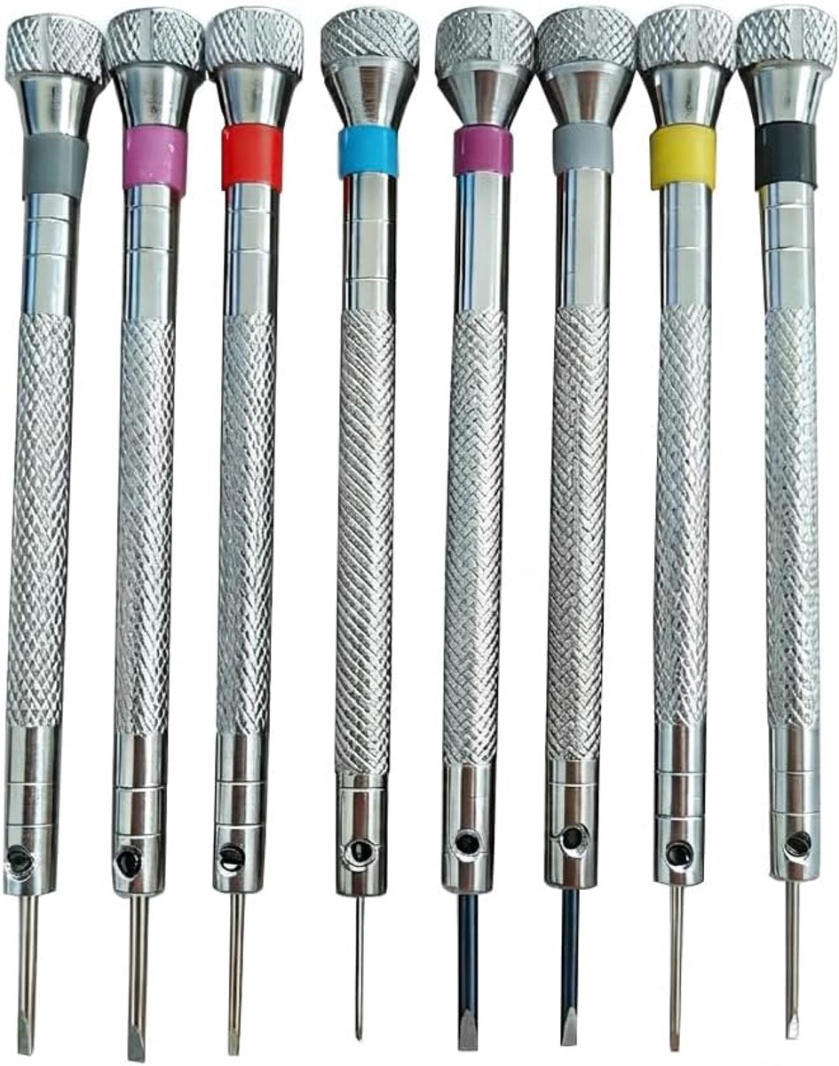 8-delige precisieschroevendraaierset – ideaal voor reparaties van horloges en brillen – bevat 8 sleufschroevendraaiers (0,6-1,6 mm); het perfecte gereedschap voor precisie-horlogemakers.