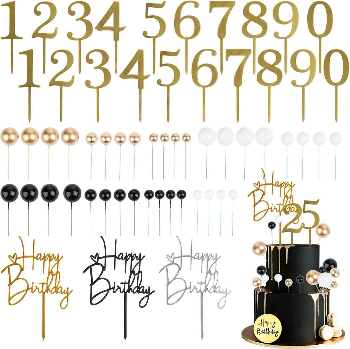 59 stuks, zwart, wit, goud, taartdecoratie, ballen, zwart, zilver, goud, Happy Birthday, taartdecoratie, taarttopper met cijfers 0-9, geschikt voor verjaardagen, bruiloften en